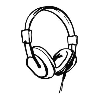 Beyaz arka planda kablo kulaklıkların basit çizimi, ayrıntılı siyah illüstrasyonlu kulaklık ve kulaklık sergileniyor. Ses kalitesi ve konfor, temiz çizgiler ve minimalist tasarım yoluyla vurgulanır. Müzik tutkunları için mükemmel.