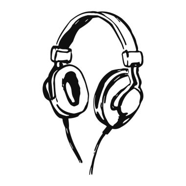 Minyatür kulaklıklı ve ayarlanabilir bantlı basit siyah-beyaz kulaklıklar, temiz beyaz arka planda minimalist çizgili sanat tarzıyla tasvir edilmiş, bir ses teknolojisi ve müzik takdir duygusu iletiyor..