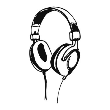 Tasarım ve konforu gösteren bir çift kulaklığın siyah-beyaz çizimi. Ses kalitesi gelişmiş ses teknolojisiyle geliştirilerek müzik meraklıları ve profesyoneller için mükemmel hale getirilir..