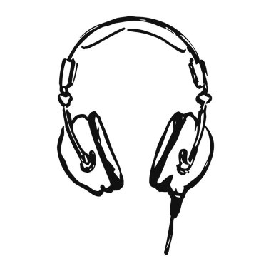 Kulaklık ve saç bandıyla müzik ve ses teknolojisini sembolize eden bir çift kulaklığın siyah-beyaz çizimi. Basit, elle çizilmiş tasarım konfor ve yüksek kalite ses iletimi.