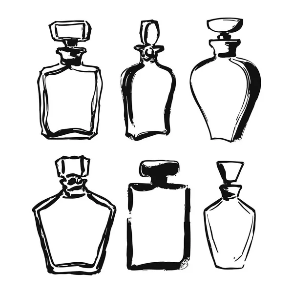 Çeşitli şekil ve tasarımlara sahip zarif parfüm şişeleri, lüks parfüm ambalajları ve şık tıkaçlar sergiliyor. Sofistike kozmetik aksesuarlar ve zarif tasarımı vurgulamak üzere iki sırada altı farklı şişe düzenlenir..