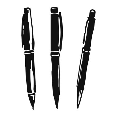 Çeşitli açılardan ve perspektiflerden gösterilen üç kalemin silüeti. Minimalist tasarım, düz beyaz arka plan üzerinde çarpıcı bir görsel etki yaratan, parlak, modern yazı enstrümanlarını vurgular.