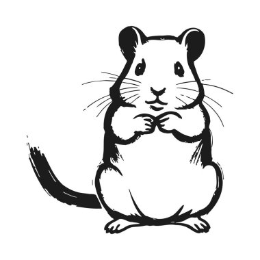 Arka ayakları üzerinde duran sevimli bir hamsterın basit siyah beyaz çizimi. Sevimli yüzünü ve uzun bıyıklarını gösteren büyüleyici bir jest ile ellerini kenetledi. Basit ama sevimli bir tasarım, evcil hayvan veya hayvan temalı içerik için mükemmel..