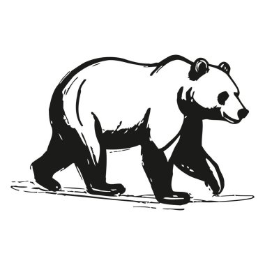 Sakin bir tavırla huzur içinde yürüyen bir ayının basit siyah beyaz çizimi. Nazik adımlar, vahşi hayatın güzelliğini vurgulayan bir huzur ve özgürlük hissi taşır..