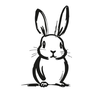 Dik duran sevimli bir tavşanın basit siyah beyaz tasviri. Yüzü öne dönük, geniş kulaklarını, bıyıklarını ve nazik ifadesini gösteriyor. Dost canlısı bir hayvanın cazibesini mükemmel bir şekilde yakalıyor..