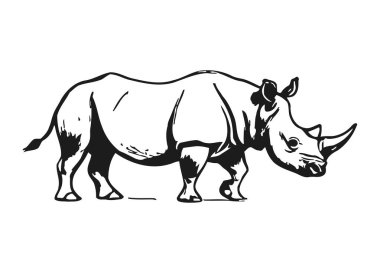 Bir gergedanın belirgin boynuzu ve güçlü vücudunu gösteren siyah ve beyaz bir çizimi. Gergedan dinamik bir duruşta duruyor, güç ve güç aktarıyor. Basit ama detaylı çizim, hayvanın görkemli özelliklerini vurguluyor.