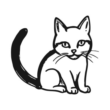 Oturan bir kedinin belirgin yüz hatlarını gösteren basit siyah-beyaz çizimi. Kedilerin kuyrukları kıvrılmış ve patileri düzgün bir şekilde bir araya getirilerek sevimli ve rahat bir görünüm veriliyor. İllüzyon minimalisttir, sadece kedinin dış görünüşüne odaklanır.