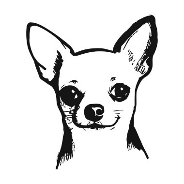Bir chihuahua 'nın büyük kulaklarını ve mutlu ifadesini gösteren basit siyah-beyaz çizimi, küçük köpek türünün sevimli ve sevimli bir görsel temsilini yaratır..