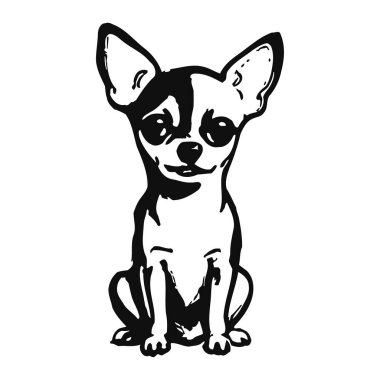 Çizgi film Chihuahua 'sı. Kocaman gözleri ve neşeli pozlarda oturan kulakları var. Pürüzsüz siyah beyaz çizgiler küçük bir köpeğin basit ama sevimli bir örneğini oluşturur..