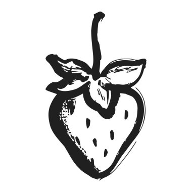 Tohumları ve yaprakları olan taze bir çileğin doğal ve sağlıklı bir aperatif seçeneğini gösteren basit siyah beyaz çizimi. Çilek olgun ve yemeye hazır, tatlı ve sulu dokusunu vurguluyor, yaz tatlısı ya da sağlıklı sna için mükemmel.
