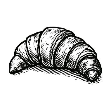 Beyaz arka planda siyah mürekkeple gösterilmiş katmanlı, taze pişmiş kruvasan hamur işi. Çizim ayrıntıları aşçılık sanatı ve geleneksel Fransız pişirme tekniğini ön plana çıkarıyor, böylece çıtır çıtır ve lezzetli görünüyor. Altın ve tereyağlı.