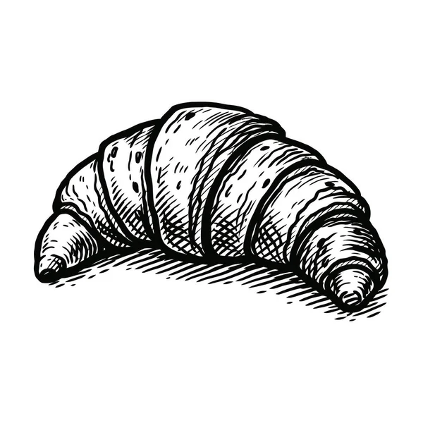 Beyaz arka planda siyah mürekkeple gösterilmiş katmanlı, taze pişmiş kruvasan hamur işi. Çizim ayrıntıları aşçılık sanatı ve geleneksel Fransız pişirme tekniğini ön plana çıkarıyor, böylece çıtır çıtır ve lezzetli görünüyor. Altın ve tereyağlı.