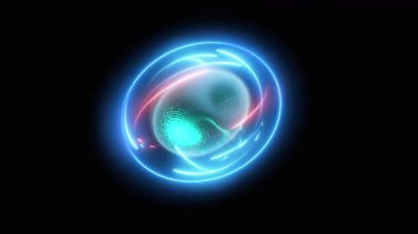 Enerji izleriyle bükülen soyut neon küre gerçeküstü bir uzayda asılı.