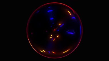 Enerji izleriyle bükülen soyut neon küre gerçeküstü bir uzayda asılı.