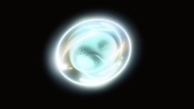 Enerji izleriyle bükülen soyut neon küre gerçeküstü bir uzayda asılı.