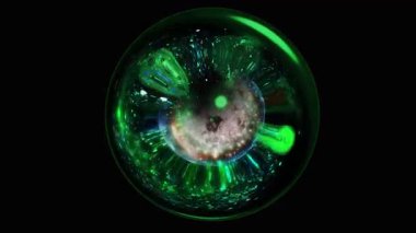 Enerji izleriyle bükülen soyut neon küre gerçeküstü bir uzayda asılı.