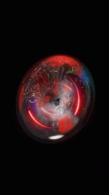 Enerji izleriyle bükülen soyut neon küre gerçeküstü bir uzayda asılı.