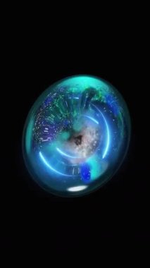 Enerji izleriyle bükülen soyut neon küre gerçeküstü bir uzayda asılı.