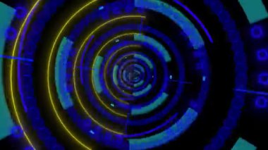 Canlı eşmerkezli daireler, şekiller ve parlayan merkezi bir ışık tüneli.