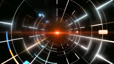 Canlı eşmerkezli daireler, şekiller ve parlayan merkezi bir ışık tüneli.