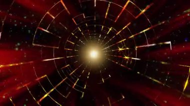 Canlı eşmerkezli daireler, şekiller ve parlayan merkezi bir ışık tüneli.