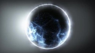 Parçacıklardan ve enerjik dinamik dalgalardan oluşan parlak, parıldayan bir küre uzayda sorunsuzca hareket eder..