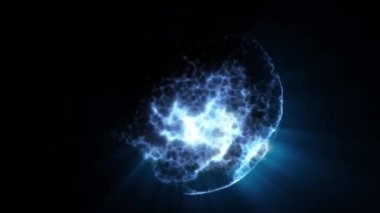 Gerçeküstü bir uzayda asılı duran soyut bir neon küre bize yaklaşıyor ve uzaklaşıyor..