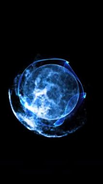 Gerçeküstü bir uzayda asılı duran soyut bir neon küre bize yaklaşıyor ve uzaklaşıyor..