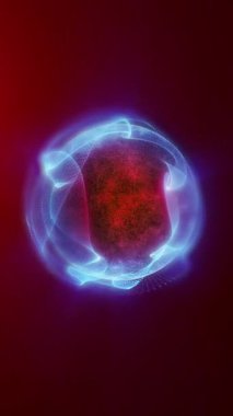 Parçacıklardan ve enerjik dinamik dalgalardan oluşan parlak, parıldayan bir küre uzayda sorunsuzca hareket eder..