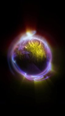 Parçacıklardan ve enerjik dinamik dalgalardan oluşan parlak, parıldayan bir küre uzayda sorunsuzca hareket eder..