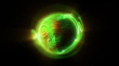 Parçacıklardan ve enerjik dinamik dalgalardan oluşan parlak, parıldayan bir küre uzayda sorunsuzca hareket eder..