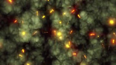 Arka planda duman bulutları ve ateşten yükselen kıvılcımlar var..