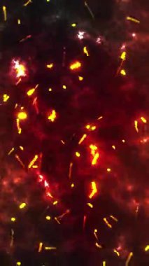 Arka planda duman bulutları ve ateşten yükselen kıvılcımlar var..