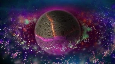 Dev bir gezegen yavaşça galaksinin arka planının önünden geçiyor. Bu video uzay ve bilimle ilgili projeler için uygundur..