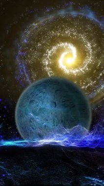 Dev bir gezegen yavaşça galaksinin arka planının önünden geçiyor. Bu video uzay ve bilimle ilgili projeler için uygundur..