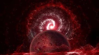 Dev bir gezegen yavaşça galaksinin arka planının önünden geçiyor. Bu video uzay ve bilimle ilgili projeler için uygundur..
