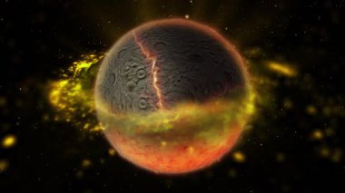 Göktaşı kraterleriyle dolu kayalık, dokulu bir yüzeyi olan bir gezegen..