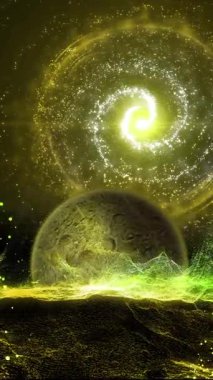 Dev bir gezegen yavaşça galaksinin arka planının önünden geçiyor. Bu video uzay ve bilimle ilgili projeler için uygundur..