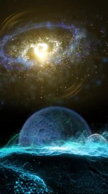 Dev bir gezegen yavaşça galaksinin arka planının önünden geçiyor. Bu video uzay ve bilimle ilgili projeler için uygundur..