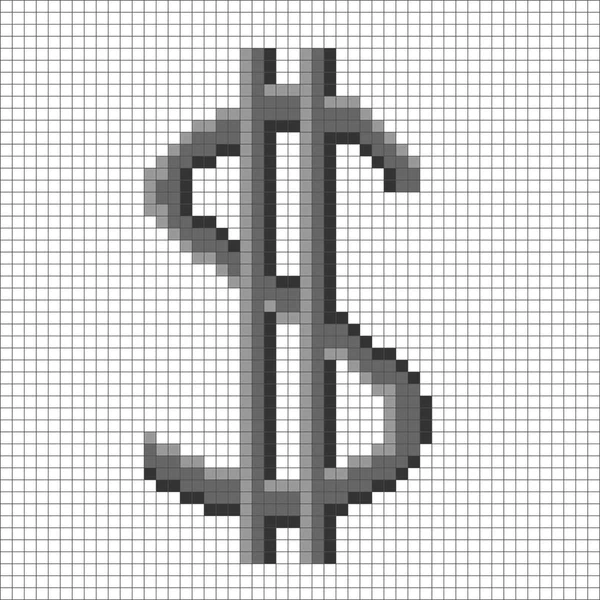 Signo pixel dólar gris en la cuadrícula 1.08 Gráficos vectoriales