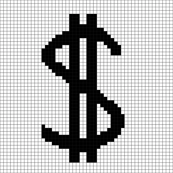Segno pixel dollaro nero nella griglia 1.09 — Vettoriale Stock