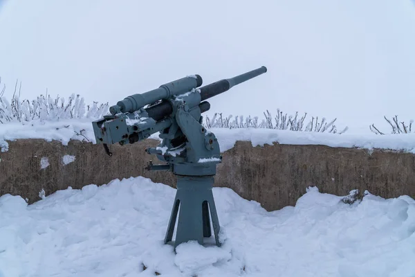 Russia. Kronstadt. February 13, 2021. 45-mm cannon on the REEF fort in the western part of the island of Kotlin.
