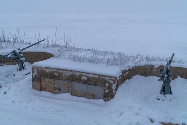 Russia. Kronstadt. February 13, 2021. 45 mm guns on the REEF fort in the western part of Kotlin Island.