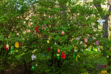- Rusya. 16 Mayıs 2019. Paskalya Tatili için Kronstadt 'taki Meryem Ana' nın Vladimir Simgesi 'nin Katedrali yakınlarında süslenmiş çalılar ve ağaçlar..
