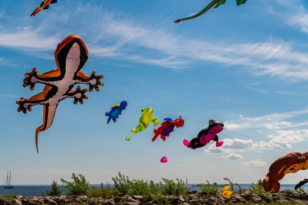 stock image Russia. June 6, 2021. Aerial flying figures on Fort Constantine during the Kronstadt Sail Festival.