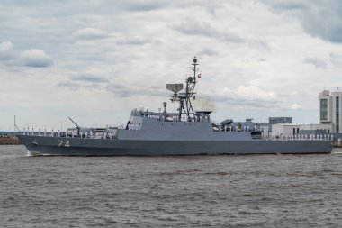 Russia. Kronstadt. The Iranian Navy frigate Sahand passes near Kronstadt during the naval parade on July 25, 2021.