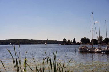 Temiz bir göl kıyısında, yemyeşil kamışlarla dolu huzurlu bir liman, sağlıklı bir su ekosistemi ve doğa ile insan aktiviteleri arasında sürdürülebilir bir uyum gösteriyor..