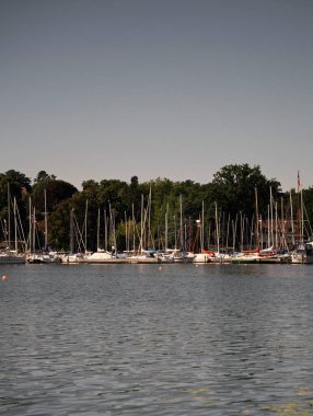 Sakin bir limandaki çevre dostu yelkenli teknelerin manzarası. Su koruma kavramı, korunan göl ekosistemleri ve yeşil turizm.