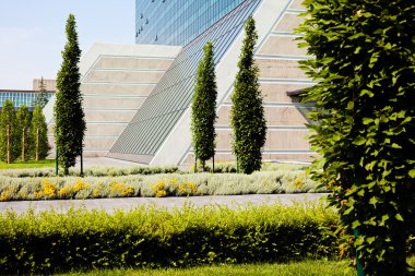 Binanın etrafındaki parkın peyzajı, sığ alan derinliğine dikkat edin