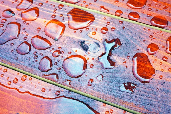 Closeup Drops Water Brown Wooden Floor — Stock Photo, Image